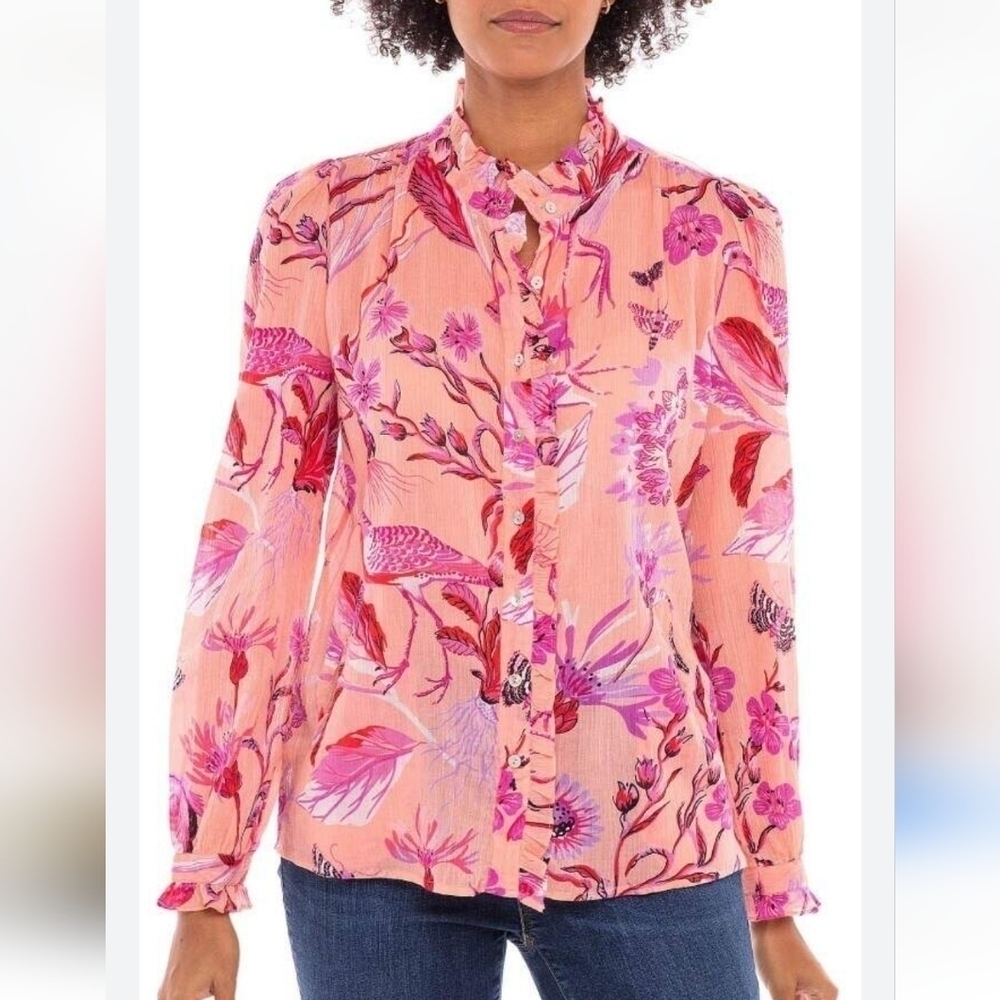Banjanan Chrissie Blouse Jubilee Apricot Blush Small Bird Floral Print Pink
